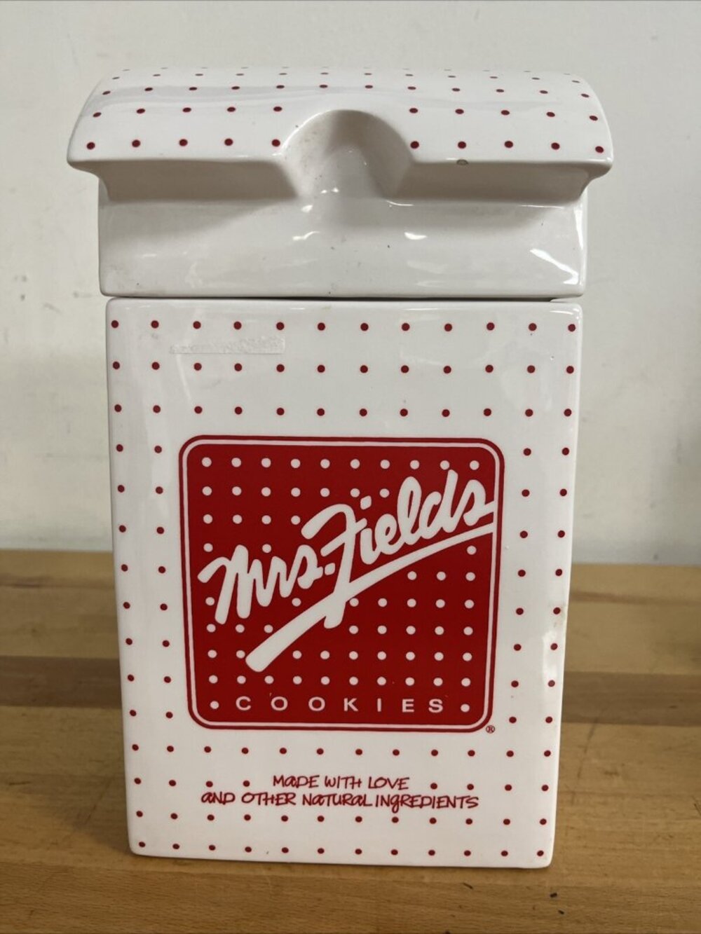 Mrs. Fields Cookie Bag Cookie Jar - 10 1/2" Tall - Red and White - LOOK